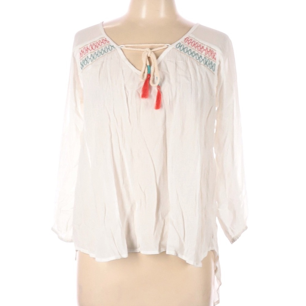 Miss Me boho tassel embroidered white peasant top
